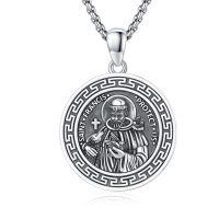 wholesale 925 Sterling Silver Round Pendant with Saint Francis Design and Greek Key Border - 3D Relief Protection Charm Necklace for Men Women Boys Girls  (Silver)-Necklace