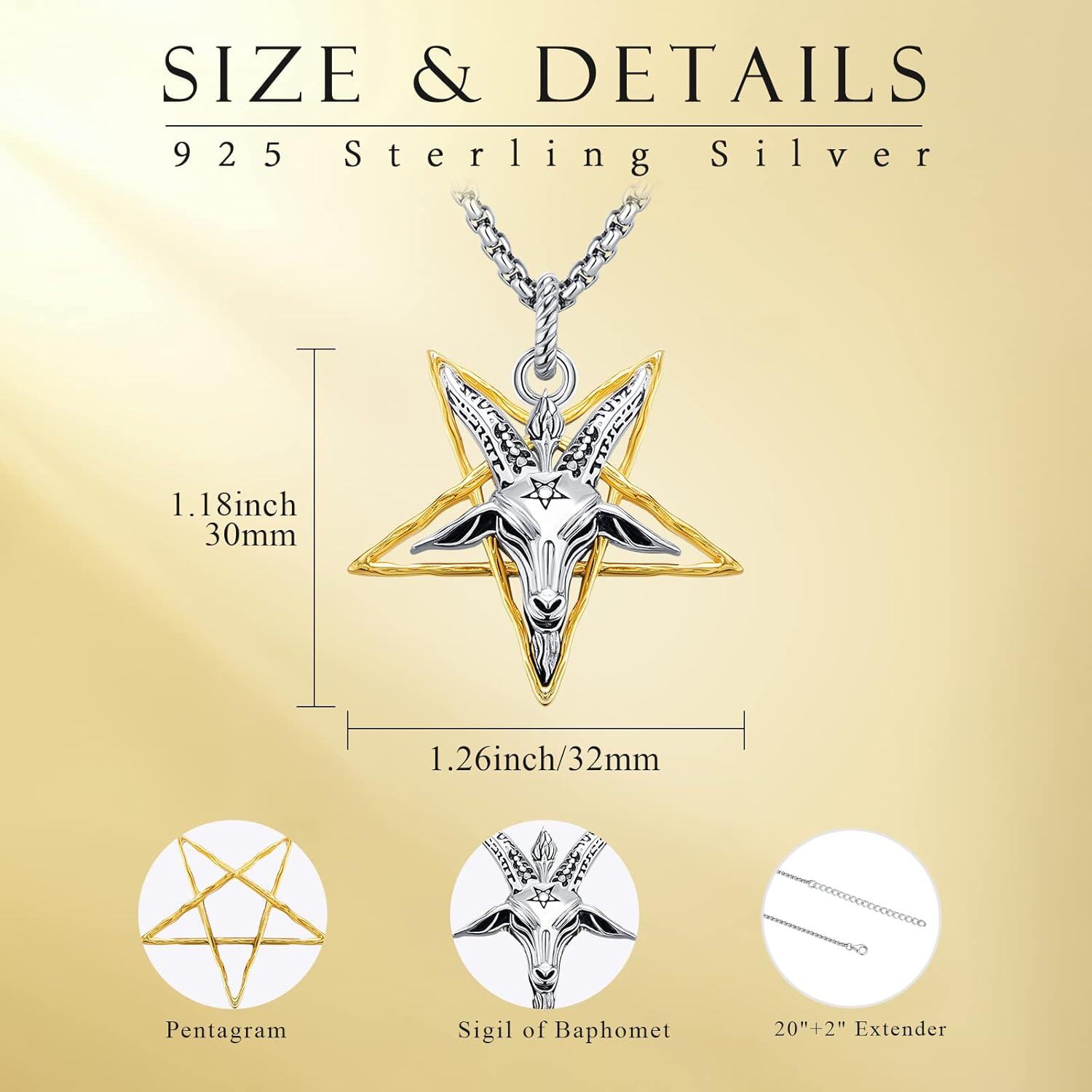 wholesale 925 Sterling Silver Satanist Baphomet Goat Head Inverted Pentagram Pendant Necklace-0-3