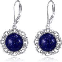 wholesale 925 Sterling Silver Round Blue Stone Drop Earrings - Boho Style Gemstone Leverback Earings Gifts for Her-Lapis Lazuil 3