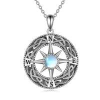 wholesale 925 Sterling Silver Compass Locket with Abalone Shell and Cubic Zirconia Pendant Necklace Memorial Jewelry-moonstone