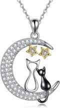 wholesale 925 Sterling Silver Moon & Cats Pendant Necklaces for Women Girls Gifts Jewelry Accessories-0-0