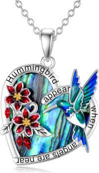 wholesale Silver Ruby Hummingbird Necklace Heart Pendant with Red Flower-hummingbird with abalone shell