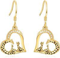 wholesale Gold 925 Sterling Silver Heart-Shaped Giraffe Dangle Drop Earrings -Yellow Gold