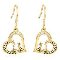 wholesale Gold 925 Sterling Silver Heart-Shaped Giraffe Dangle Drop Earrings -Yellow Gold