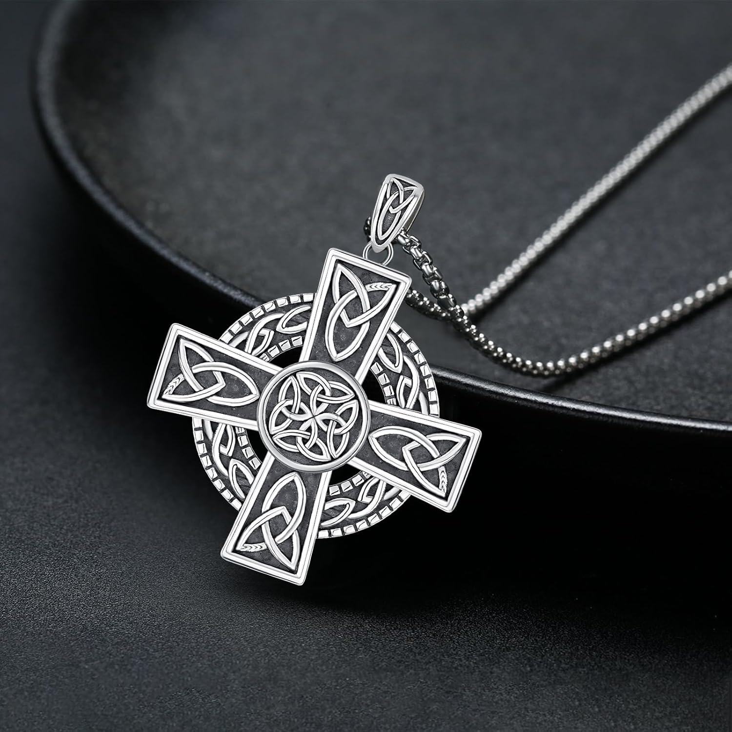 925 Sterling Silver Celtic Knot Cross Pendant Necklace Norse Viking Jewelry for Men Women-0-4