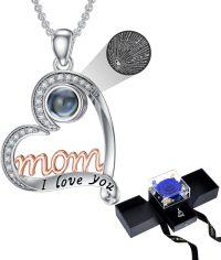wholesale 18K White Gold Plated Silver & Moissanite 100 Languages I Love You Projection Heart Necklace for Mom-G-Preserved Blue Real Rose