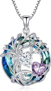wholesale 18K White Gold Filled Sterling Silver Family Tree Pendant with 2 Heart Birthstones Blue Austrian Crystal Necklace for Women-04-06-Apr-Jun Birthstone