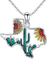 wholesale 925 Sterling Silver Texas Shaped Sunflower Cactus Pendant Necklace for WomenTX Gifts-B