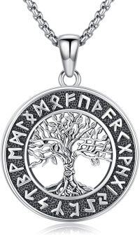 wholesale 925 Sterling Silver Gold-Plated Round Tree of Life Necklace with Rune Design Pendant for Men & Women-C01-Viking Tree