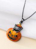 wholesale 925 Sterling Silver Black Cat on Orange Jack-o'-Lantern Pendant Necklace - Halloween  for Women and Men-0-2