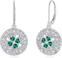 wholesale 925 Sterling Silver Round Clover Drop Earrings with Emerald and CZ Stones Luck Jewelry for Women Gifts 4-Leaf Clovers Irish Style Celtic Knot Design-Shamrock-1