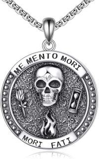 wholesale 925 Sterling Silver Skull & Hourglass Pendant with Memento Mori and Mor Fati Inscription on Black Agate Background - Gothic Jewelry for Men Women-Memento Mori