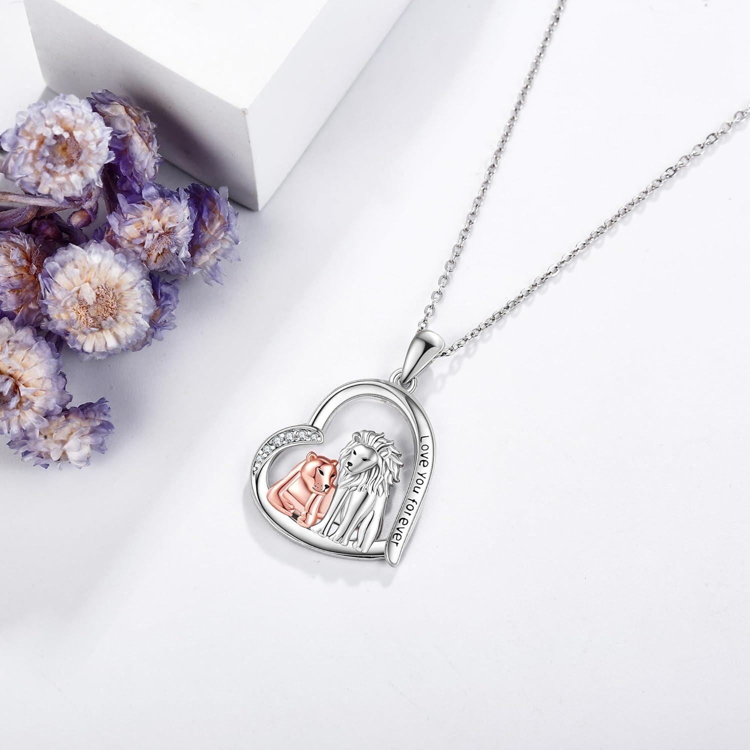 wholesale 925 Sterling Silver Lion and Cub Heart Pendant Necklace with Love You Forever Inscription-0-3