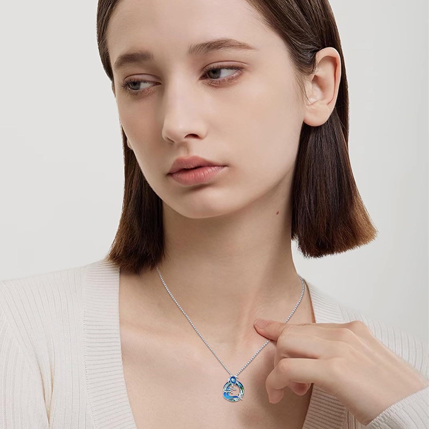 925 Sterling Silver Ocean Life Pendant with Blue Crystal Wave and Starfish Charm Necklace-0-4