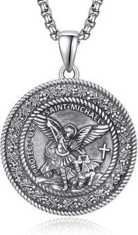 wholesale 925 Sterling Silver Saint Michael Angel Protect Us Medal Mens Pendant Necklace -Saint St Michael Round