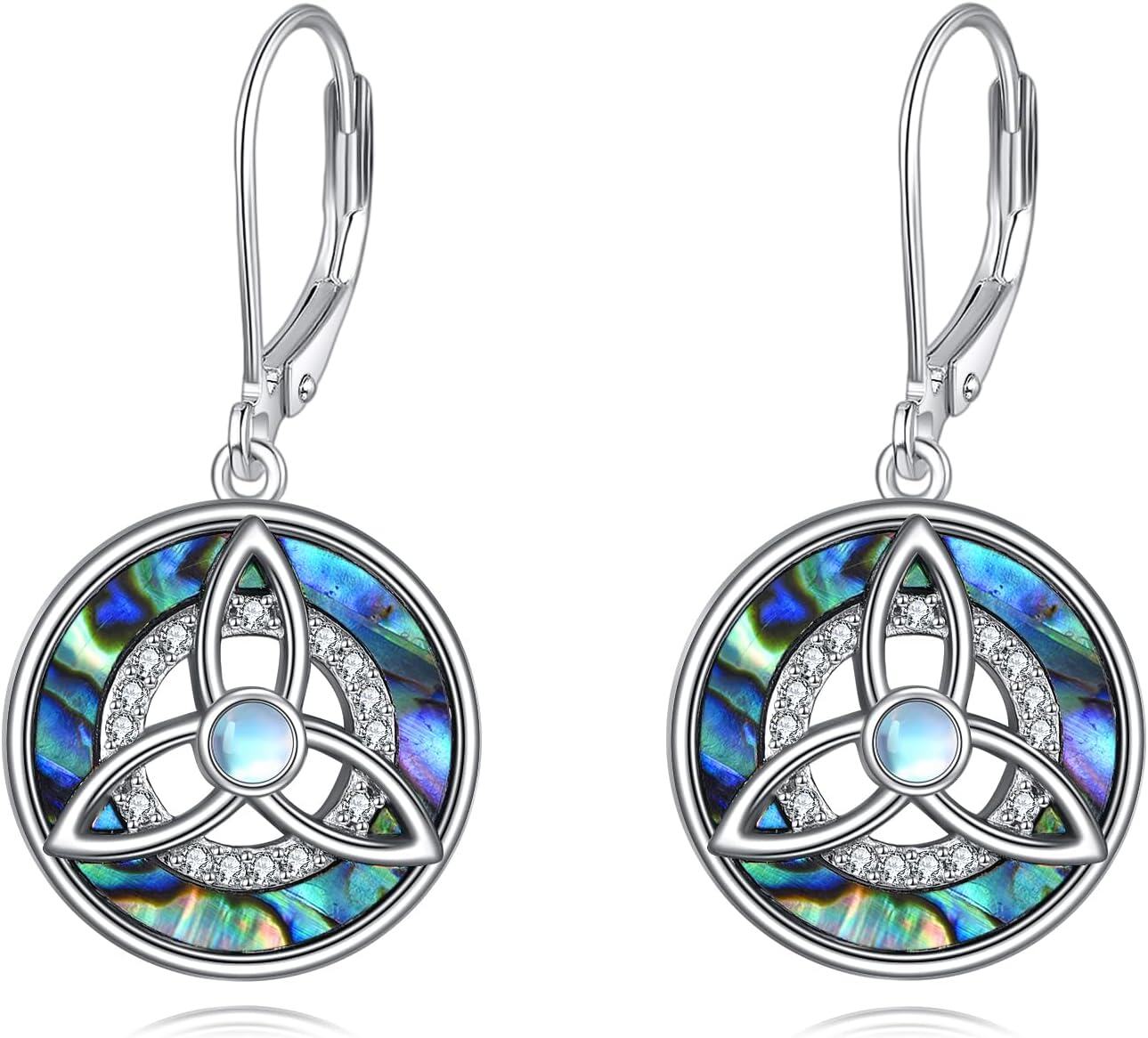 Sterling Silver Moonstone Abalone Star of David Witchy Celtic Shell Flower Saturn Dangle Earrings Jewish Irish Jewelry Gifts-E-Celtic-2