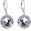 wholesale 925 Sterling Silver Round Moon Cat Drop Earrings with Rainbow Crystal and Black Stone Leverbacks - Gift for Her-0-0