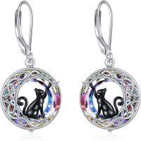 wholesale 925 Sterling Silver Round Moon Cat Drop Earrings with Rainbow Crystal and Black Stone Leverbacks - Gift for Her-Black Moon Cat Purple Crystal