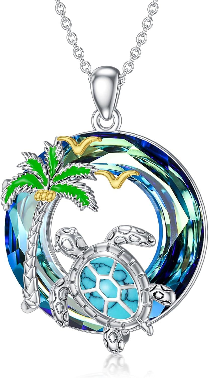 Sterling Silver Crystal Turtle Necklace for Women-Blue-Turquoise