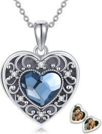 wholesale 925 Sterling Silver Blue Crystal Heart Photo Locket Pendant Necklace Gift for Her-Retro