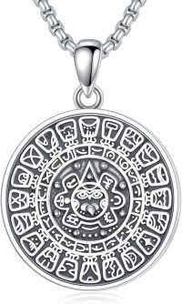 wholesale 925 Sterling Silver Protection Pendant Aztec Calendar Charm with Wolf Head and Stars on 30+2 Extender Chain for Men & Women-Aztec Calendar