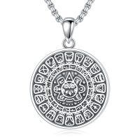 wholesale 925 Sterling Silver Protection Pendant Aztec Calendar Charm with Wolf Head and Stars on 30+2 Extender Chain for Men & Women-Aztec Calendar