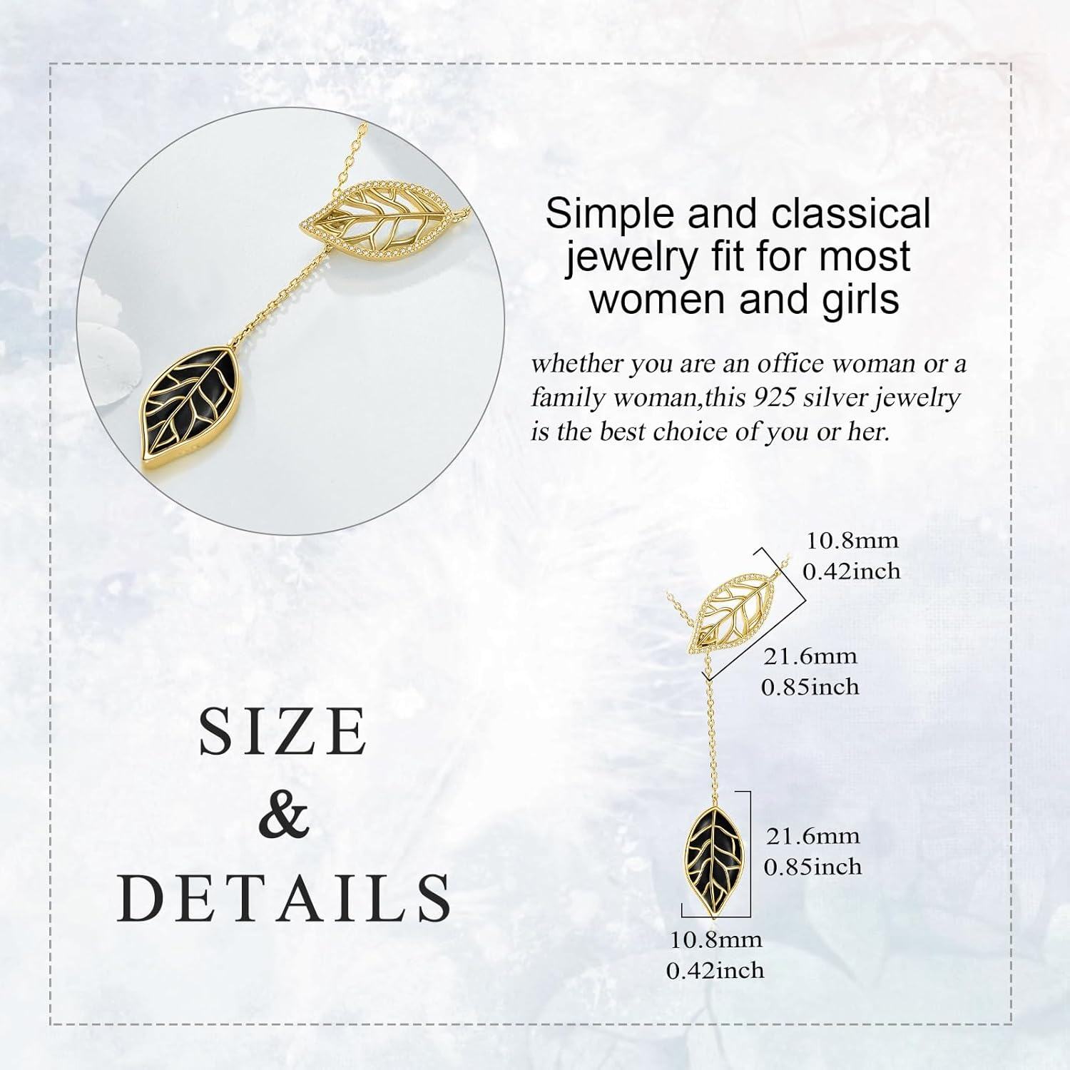 Gold 925 Sterling Silver Black Onyx Diamond Leaf Pendant Chain Necklace for Women-0-4