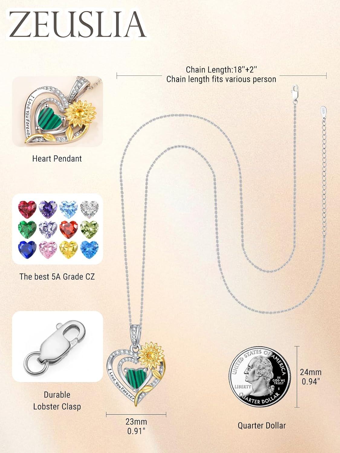 Sterling Silver Sunflower Birthstone Pendant Necklace for Women-0-3