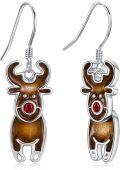 wholesale 925 Sterling Silver Brown Deer Drop Earrings with Red Crystal Eyes - Festive Winter  for Her-0-0
