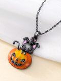 wholesale 925 Sterling Silver Black Cat and Jack-o'-lantern Pendant Necklace with Pink Ears & Purple Nose - Halloween  for Women/Men-0-2
