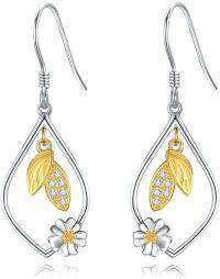 wholesale 925 Sterling Silver Teardrop Flower Dangle Earrings with CZ Stones and Gold Plating for Women  4cm Length-Leaf