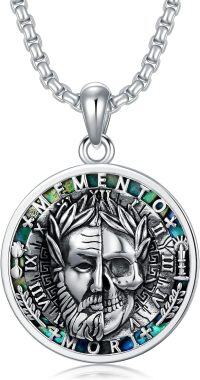 wholesale 925 Sterling Silver Round Memento Mori Skull & Crossbones Pendant Necklace for Men Women - 24 Chain (Green)-Memento Mori Necklace