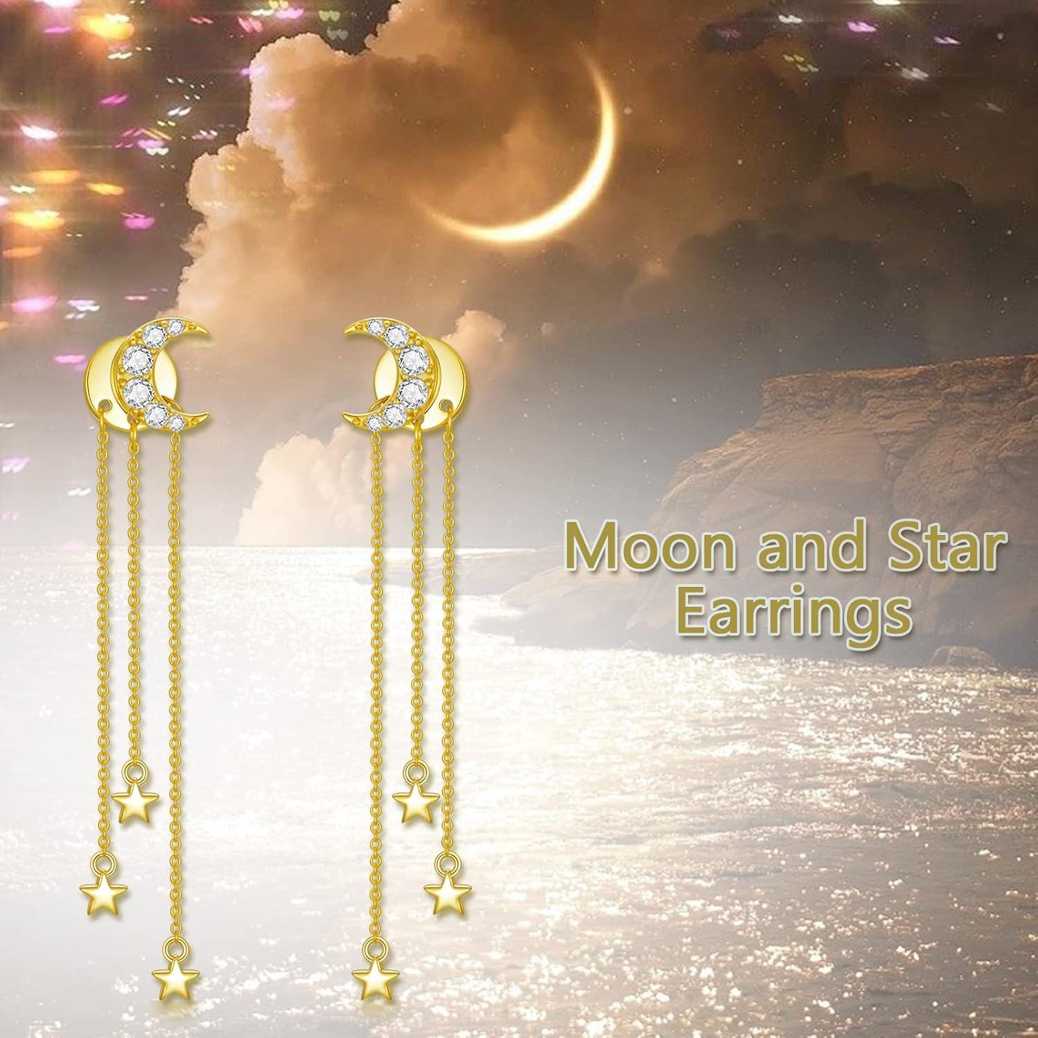 925 Sterling Silver Crescent Moon & Stars Chain Drop Stud Earrings for Women Girls Gift Set-0-5