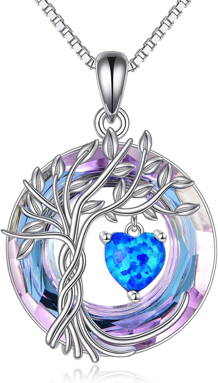 Sterling Silver Crystal Tree of Life Necklace for Women-10-Oct-Blue Opal