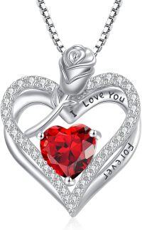wholesale 925 Sterling Silver 12 Birthstone Double Heart Rose Necklace for Her-1-Jan-Garnet