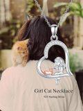wholesale 925 Sterling Silver Rose Gold Plated Girl and Cat in Heart Shape Pendant Necklace for Women-0-5