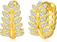 wholesale Gold-Plated 925 Sterling Silver Feather Design Cubic Zirconia Hoop Earrings for Women-CZ leaf hoop
