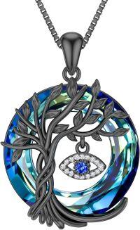wholesale  Sterling Silver Evil Eye Necklace with Crystal Tree of Life Pendant -Evil Eye-Blue Crystal-Black Gold