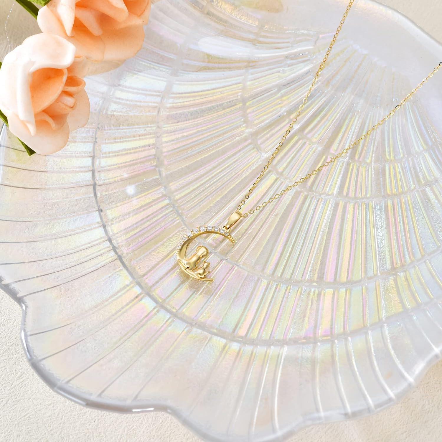 wholesale 14K Gold Crescent Moon with Dog and Cat Charm Necklace for Women - Pet Lover Gifts-0-4