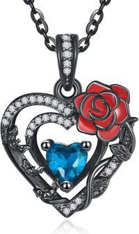 wholesale 925 Sterling Silver Red Rose Black Heart Birthstone Necklace for Women-12 Dec - Topaz