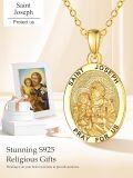 wholesale Gold-Plated 925 Sterling Silver St Joseph Medal Necklace with Pray For Us Inscription and 18+2 Chain - Religious Gift for Women-0-5