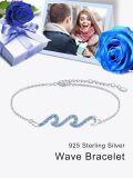 wholesale 925 Sterling Silver Wave Design Anklet with Blue Crystals and Chain Link for Women-0-5
