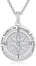wholesale 925 Sterling Silver Compass Pendant Necklace with Cubic Zirconia and Inspirational Message Our Love Guides Us Through Everything - Romantic Christmas  for Her/Mom/Wife-0-0