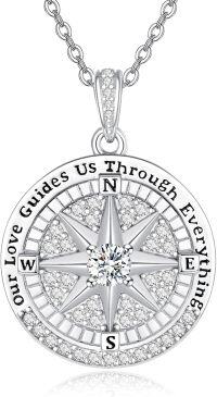 wholesale 925 Sterling Silver Compass Pendant Necklace with Cubic Zirconia and Inspirational Message Our Love Guides Us Through Everything - Romantic Christmas  for Her/Mom/Wife-02