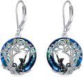 wholesale 925 Sterling Silver Tree of Life Cat Earrings w/ Blue & Green Crystals and Black Cats Leverback  for Her-0-0