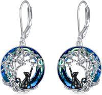 wholesale 925 Sterling Silver Tree of Life Cat Earrings w/ Blue & Green Crystals and Black Cats Leverback  for Her-Black Cat Tree Blue Crystal