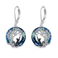 wholesale 925 Sterling Silver Tree of Life Cat Earrings w/ Blue & Green Crystals and Black Cats Leverback  for Her-Black Cat Tree Blue Crystal
