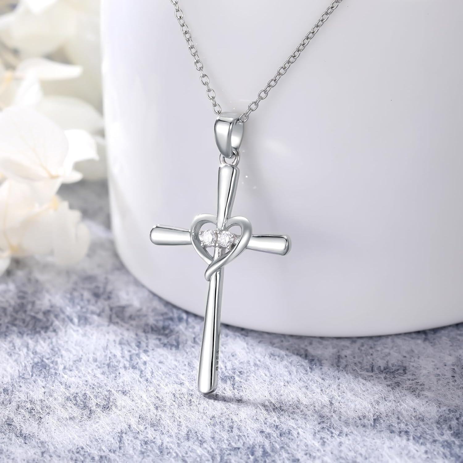 Sterling Silver Lab Grown Diamond Cross Necklace for Women-0-2