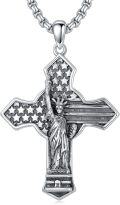 wholesale 925 Sterling Silver Statue of Liberty American Flag Cross Pendant Necklace  for Men & Women Protection Amulet Religious Gift with 24 Rolo Chain (Gift Included)-0-0