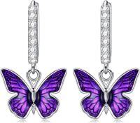 wholesale 925 Sterling Silver Purple Enamel Butterfly Drop Huggie Hoop Earrings for Women - 6 Designs-Purple Butterfly Earrings